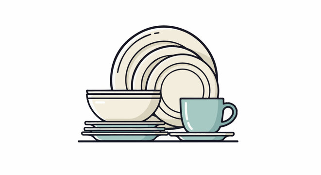 A collection of kitchen dishes, including plates, a bowl, and a cup on a saucer