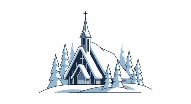 A charming illustration of a snow-covered chapel surrounded by evergreen trees