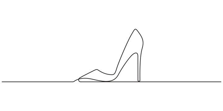 High heel shoe drawn in a minimalist continuous line art style.  Minimalist single line drawing of a women's high heel stiletto shoe for fashion branding