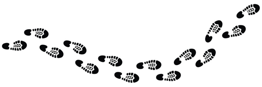 Black Human Footprint Vector with Tracking Path on White Background for Hiking Routes, Movement Direction Concepts and Navigation Projects