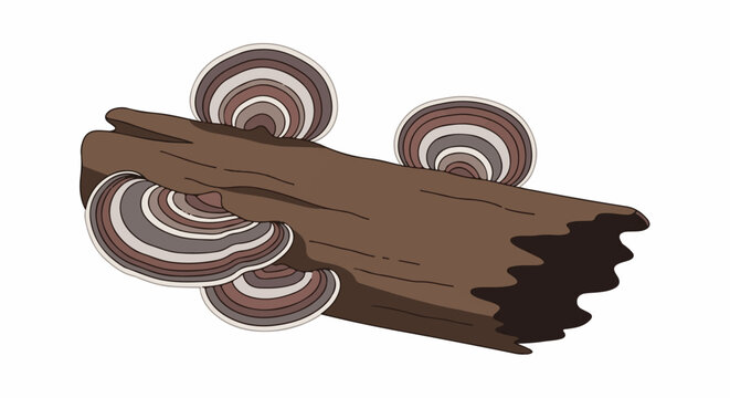 A brown log with colorful, layered, shelf-like fungi growing on it
