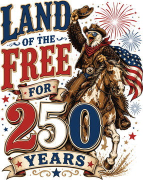 Land of the Free for 250 Years Patriotic Cowboy Eagle Design | America 250 Western Anniversary
