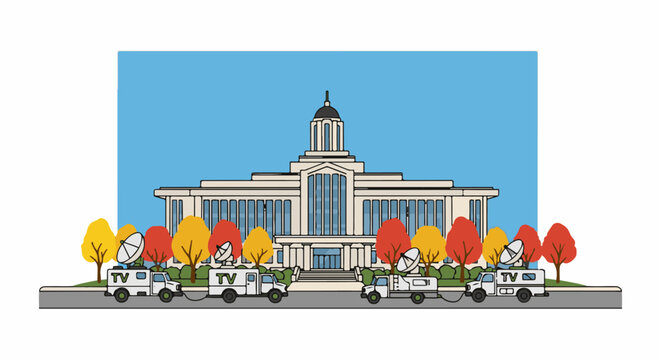 News crews gather outside grand building, trees display autumn colors