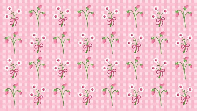 4k footage animation of pink strawberries, and pink flower with pink ribbons on a gingham pink background. Sweet coquette aesthetic design.