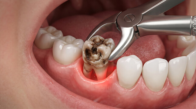 Close-up of a dentist using forceps to extract a decaying tooth with inflamed gums