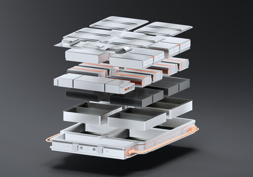 Electric Vehicle All-Solid-State Battery Pack Exploded View 3D Render - Front Low Angle View