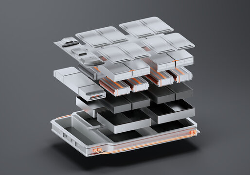 Electric Vehicle All-Solid-State Battery Pack Exploded View 3D Render - Diagonal High Angle Left View