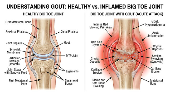 Anatomical illustration comparing a healthy toe joint to one inflamed by gout