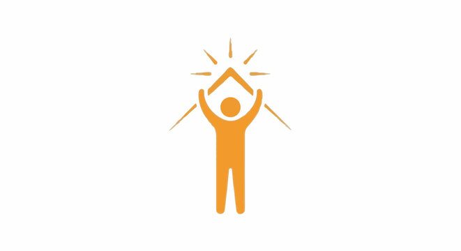 Orange silhouette of a person with arms raised holding a roof shape above their head, sunburst rays extending outwards