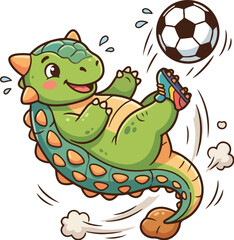 Obraz premium A happy dinosaur playing football, kicking the dino soccer ball in a fun cartoon illustration with a playful mood