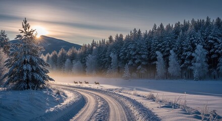 Obraz premium Winding snow-covered road through a forest at sunset.