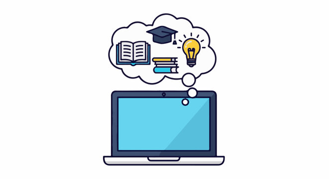 Laptop displaying thought bubble with education symbols graduation cap, books, lightbulb