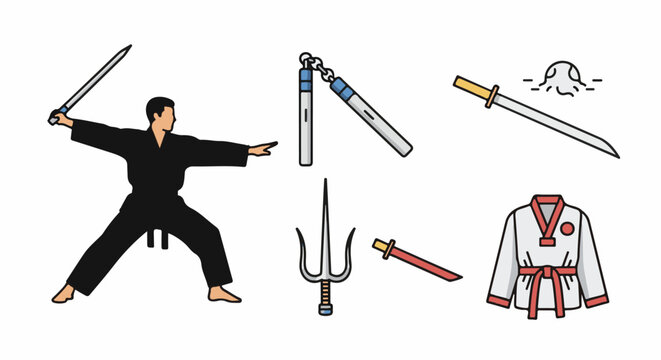 Martial arts practitioner with various combat weapons and uniform