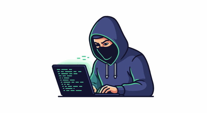 Masked figure in a hooded jacket types on a laptop with glowing code