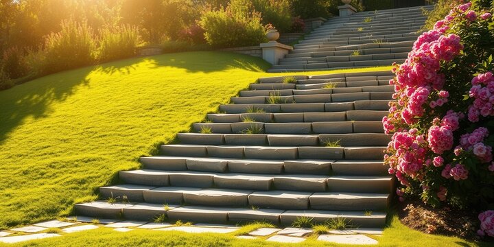 Stone Steps Ascending a Lush Green Lawn, Flanked by Vibrant Pink Roses in a Sunny Garden