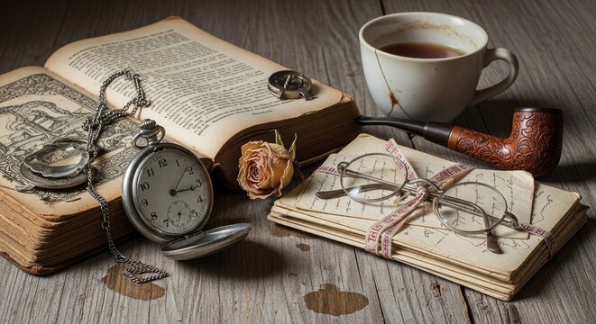 Vintage flat lay with old book pocket watch pipe.