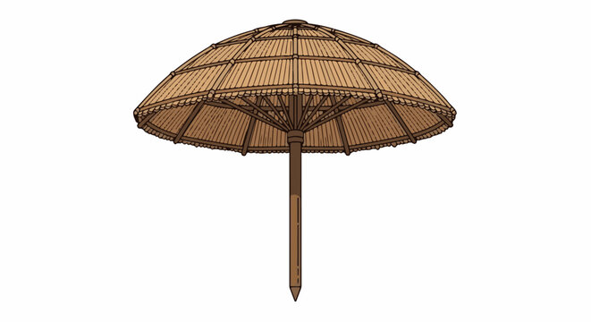 Rustic bamboo parasol with intricate weaving, offering shade from the sun