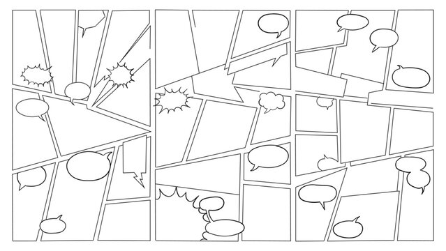 Blank comic book page template with a variety of panel layouts, dynamic action lines, and speech bubbles for manga or graphic novel storytelling.