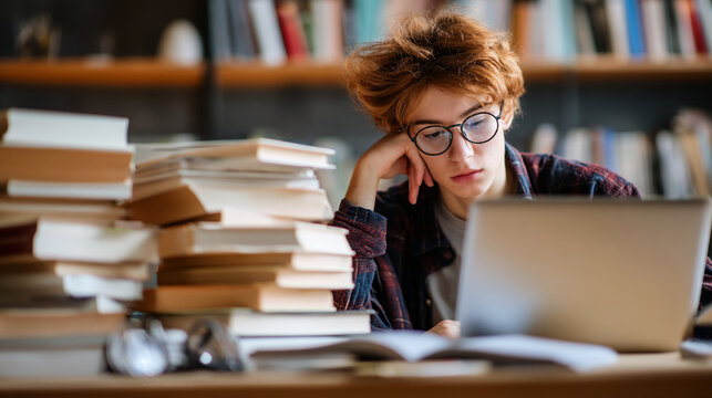 A young student deeply focused on studying at a cluttered desk, surrounded by stacks of books and working on a laptop, capturing the essence of learning and dedication.