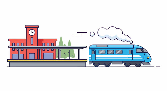 Modern blue train pulls into red station with trees and clock
