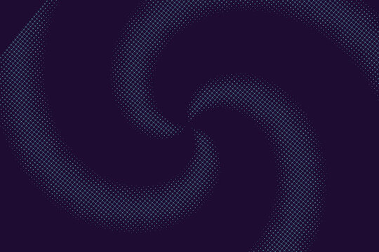 Cyan halftone cross pattern swirl on dark purple background, abstract spiral