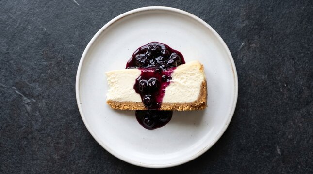 Top view of a New York cheesecake slice with blueberry compote