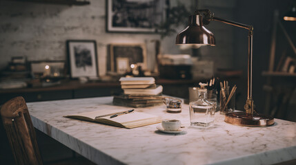 Obraz premium An inviting workspace featuring a marble table adorned with books, a stylish lamp, stationery, and a cup of coffee. Perfect for creative professionals seeking inspiration.