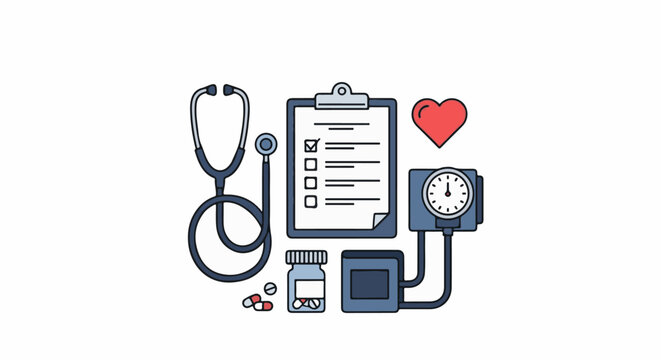 Medical equipment including stethoscope, chart, heart, monitor, pills