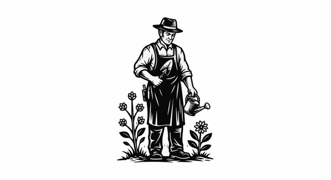 Man in hat and apron with gardening tools and watering can