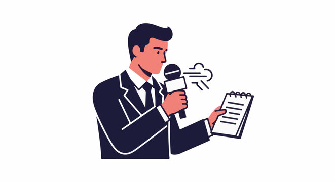 Man in suit speaking into microphone, holding notepad