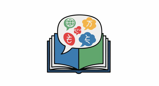 Open book with colorful speech bubbles showing world languages and symbols