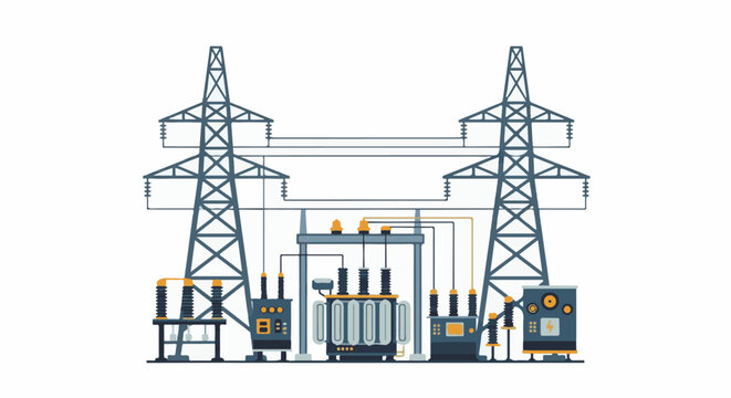 Electrical substation with transmission towers and transformers, graphic style