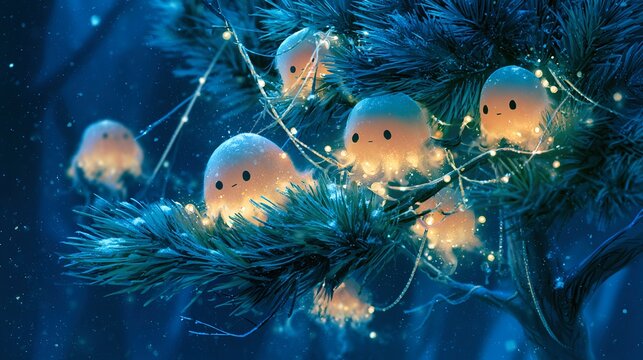 vibrant bioluminescence. sparkling snow dust. soft focus. whimsical fairytale style. low key lighting moody atmosphere. vibrant colors atmospheric depth
