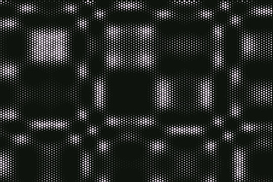 Black and white halftone pattern with graduated circles and dark rectangular gaps dots