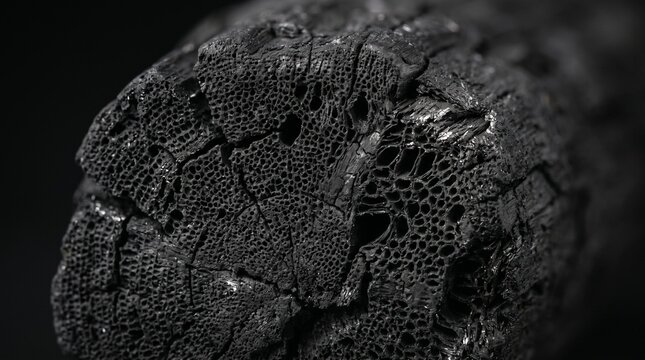 A detailed close-up focuses on the rough porous surface and cracks of a black hardwood charcoal log piece, organic carbon background, natural fuel texture.