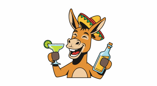 A cartoon donkey in a sombrero holds a margarita and a bottle