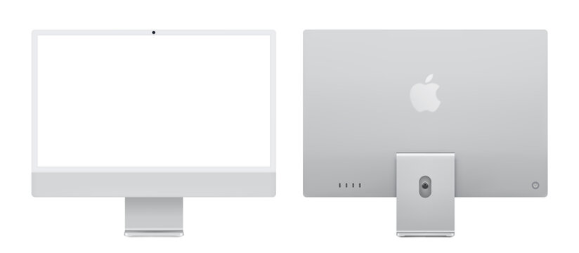 Photorealistic detailed Apple iMac M4 Silver 24 inches mockup. Real dimentions. Front and back view isolated on transparent background. Vector editorial PNG