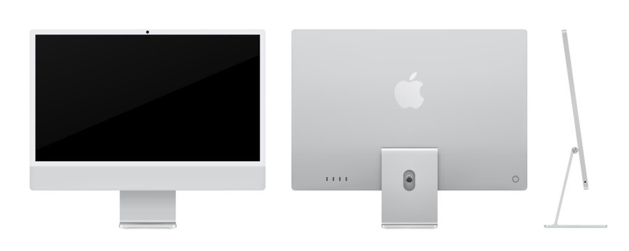 Photorealistic detailed Apple iMac M4 Silver 24 inches mockup. Real dimentions. Front, rear and side view isolated on white background. Vector editorial illustration