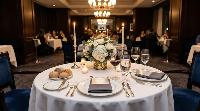 Romantic formal table setting for two at upscale restaurant with restaurant