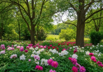 Obraz premium Beautiful pink and white peony flowers blooming in a lush green spring park during a sunny day