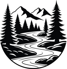 Fototapeta premium Mountain River Landscape Silhouette Vector Illustration, Forest Valley Nature Silhouette