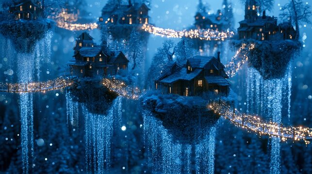 village built on floating islands above snowy forest. bridges made of light. waterfalls of sparkling snow. glowing windows