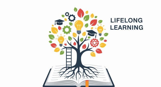 Knowledge tree grows from an open book with lightbulbs, gears, and graduation caps