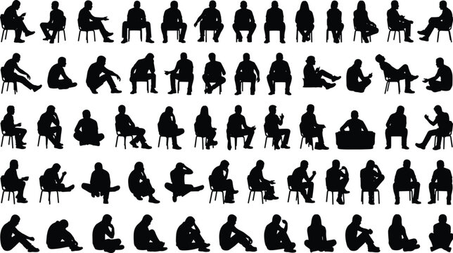 Large Collection of Sitting People Silhouettes with Diverse Seated Poses Human Figures and Body Language