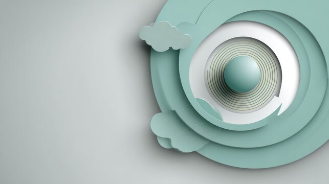 Layers of soft teal and white concentric circles form an abstract composition with whimsical cloud shapes