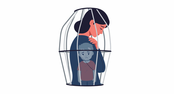 Sad mother holding crying child within a birdcage