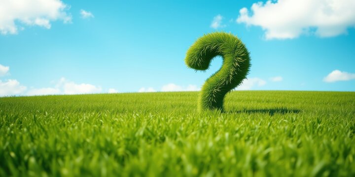 A verdant question mark sprouts amidst a field of vibrant green grass under a bright, sunny sky.