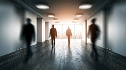 Fototapeta premium Silhouetted figures walk down a brightly lit hallway toward a city view
