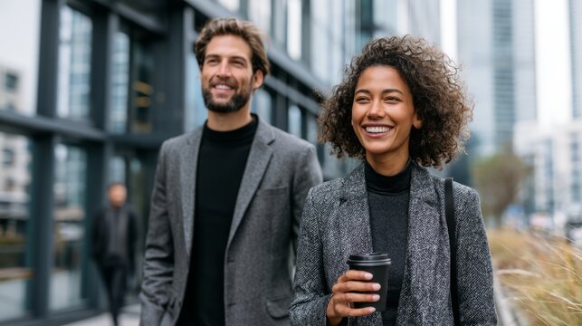 Two coworkers walking and smiling outside office building during coffee break