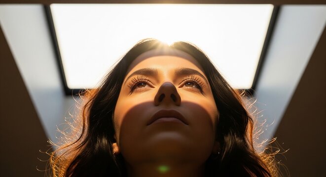 Woman looking up at bright ceiling skylight window
